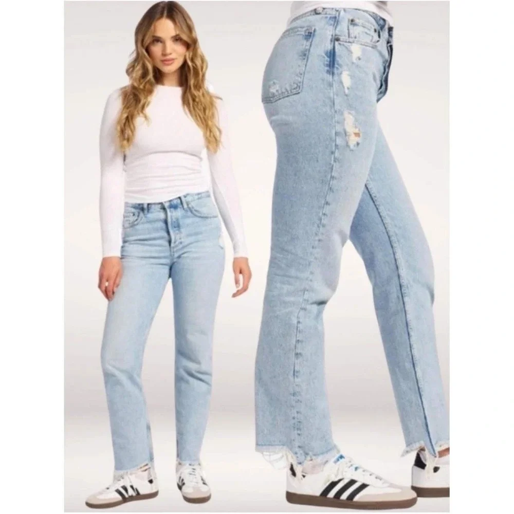 nuuds Curvy High Waisted Straight Leg Distressed Jeans Light Wash Blue Grunge 29